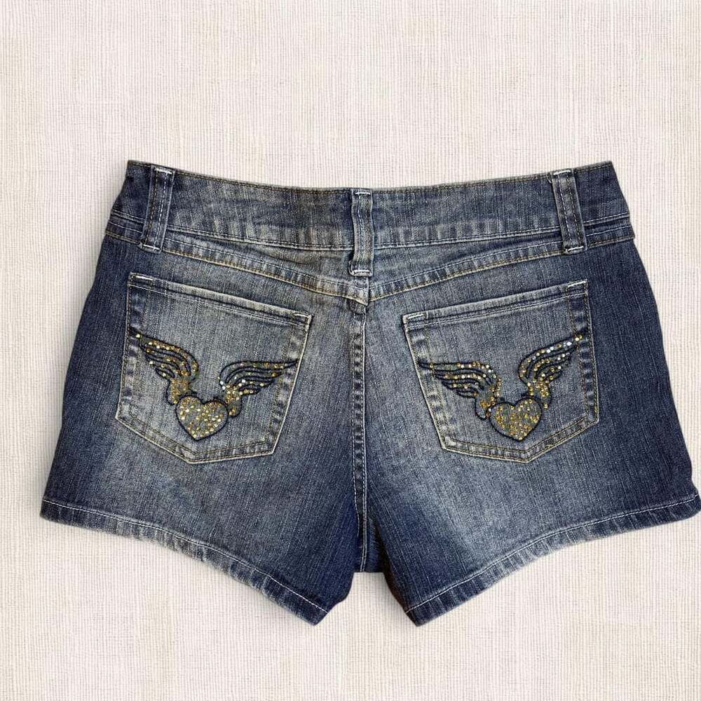 No Boundaries Rhinestone Heart Wing Denim Shorts